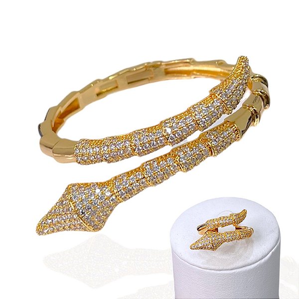Conjunto Anel e Bracelete Folheado Ouro 18k e Prata 925 Serpente Cravejada
