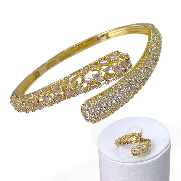 Conjunto Anel e Bracelete Folheado Ouro 18k e Prata 925 Duas Gota Cravejada