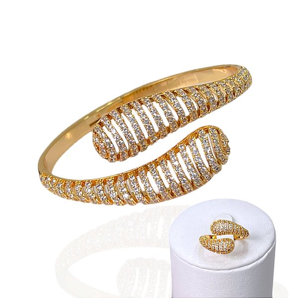 Conjunto Anel e Bracelete Folheado Ouro 18k e Prata 925 Duas Gota Cravejada Vazada