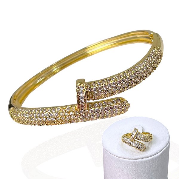 Conjunto Anel e Bracelete Folheado Ouro 18k e Prata 925 Prego Cravejado