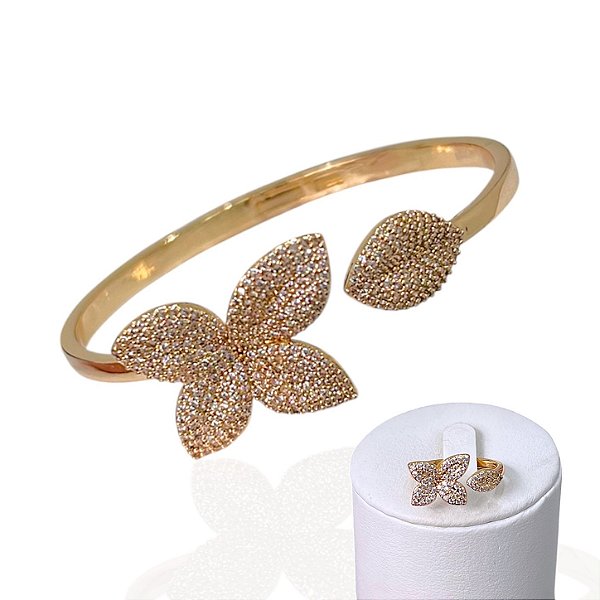 Conjunto Anel e Bracelete Folheado Ouro 18k e Prata 925 Flor Cravejada