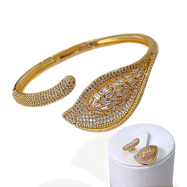 Conjunto Anel e Bracelete Folheado Ouro 18k e Prata 925 Folha Cravejada