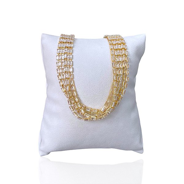 Pulseira Folheada Ouro 18k e Prata 925 Tripla Riviera Quadrado Longo Trava
