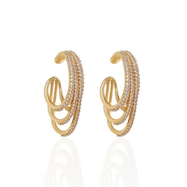 Brinco Folheado Ouro 18k e Prata 925 Argola Encaixe Cravejado