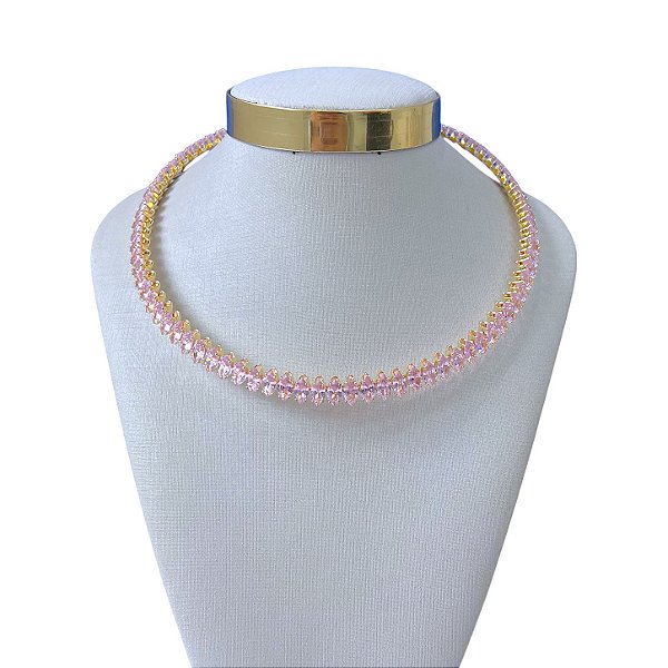 Choker Folheada Ouro 18k e Prata 925 Aro Navetes Cravejados