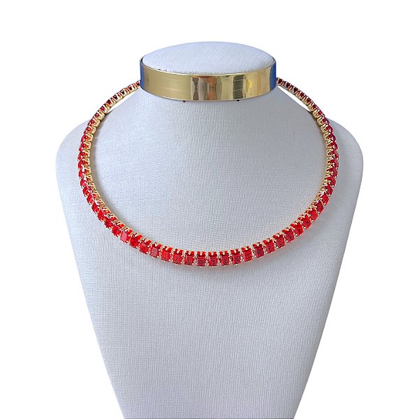 Choker Folheada Ouro 18k e Prata 925 Aro Quadrado Cravejado