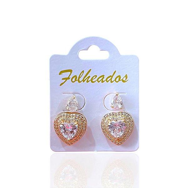 Dois Brinco Folheado Ouro 18k e Prata 925 Coração Ponto de Luz Cravejado
