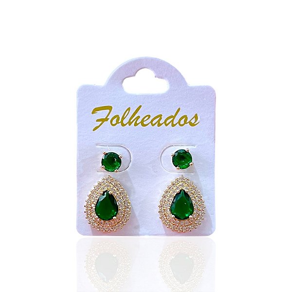 Dois Brinco Folheado Ouro 18k e Prata 925 Gota Ponto de Luz Cravejada