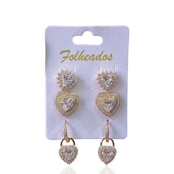 Trio Brincos Folheado Ouro 18k e Prata 925 Coração Cravejado