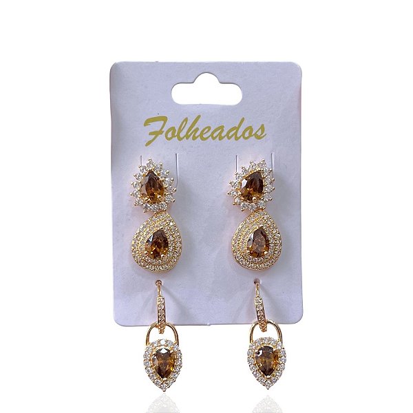Trio Brincos Folheado Ouro 18k e Prata 925 Gota Cravejada