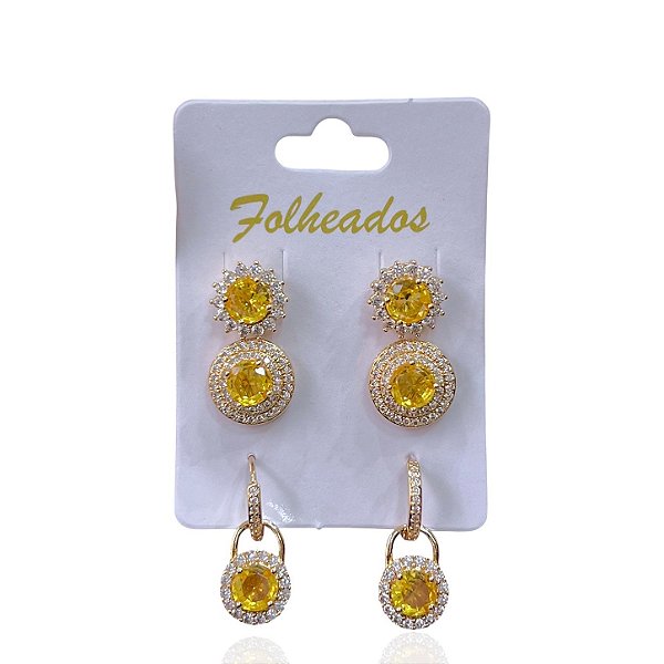 Trio Brincos Folheado Ouro 18k e Prata 925 Redondo Cravejado