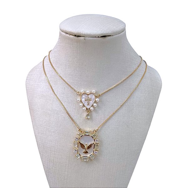 Colar Escapulário Folheado Ouro 18k e Prata 925 Espírito Santo Madrepérola Cruz Cravejada