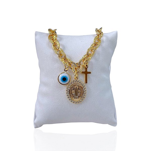 Pulseira Folheada Ouro 18k Elos São Bento Cruz olho grego