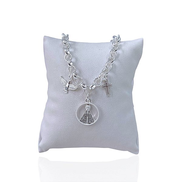 Pulseira Folheada Prata 925 Elos Espírito Santo Nossa Senhora Cruz