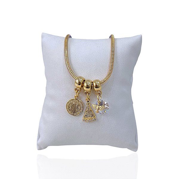 Pulseira Folheada Ouro 18k Malha São Bento Nossa Senhora Espírito Santo