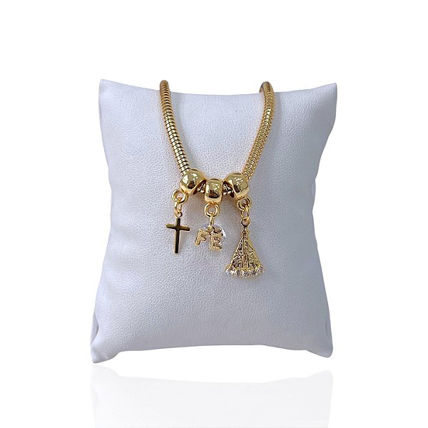 Pulseira Folheada Ouro 18k Malha Cruz Fé Nossa Senhora