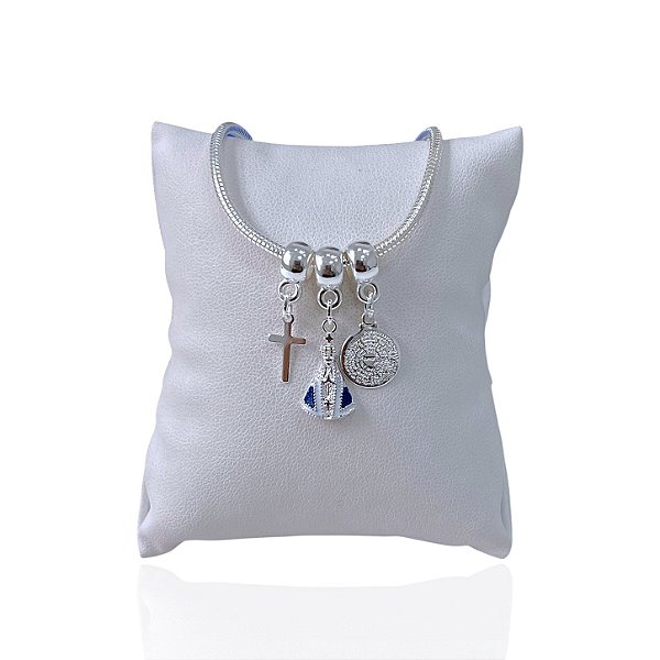 Pulseira Folheada Prata 925 Malha Cruz Nossa Senhora Pai Nosso