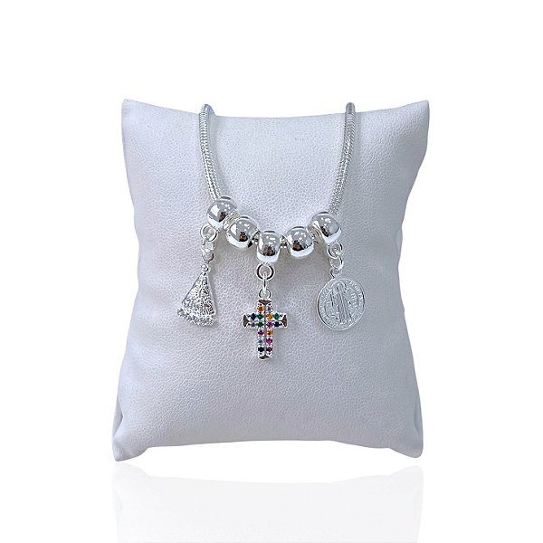 Pulseira Folheada Prata 925 Malha Nossa Senhora Cruz São Bento