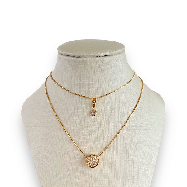 Colar Duplo Folheado Ouro 18k Mandala Cravejada