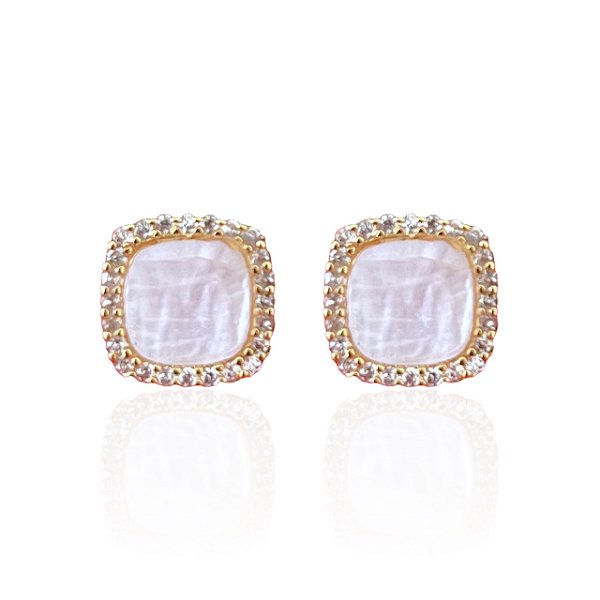 Brinco Folheado Ouro 18k Quadrado Madrepérola Cravejada