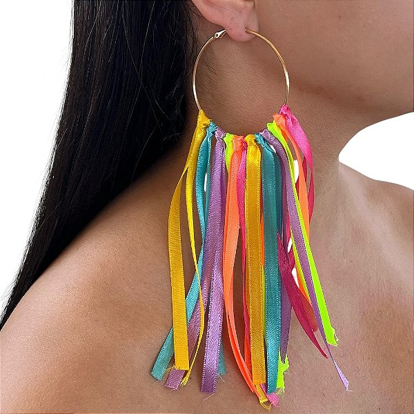 Brinco Argola Franja Fitas Color