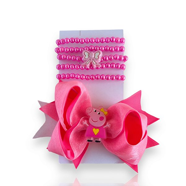 Conjunto Infantil Laço e Kit Pulseiras Peppa Pig
