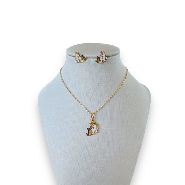Conjunto Infantil Folheado Ouro 18k Unicórnio