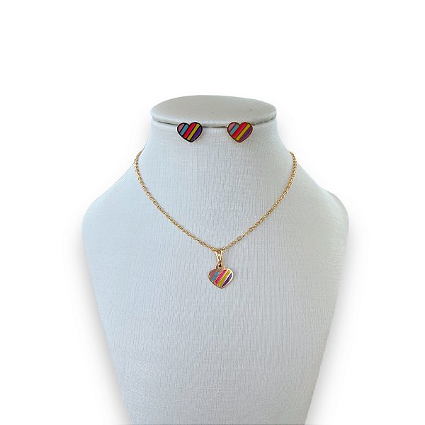 Conjunto Infantil Folheado Ouro 18k Coração Colors