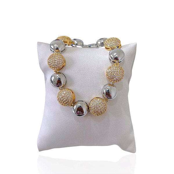 Pulseira Folheada Dois Banhos Redondo Cravejado