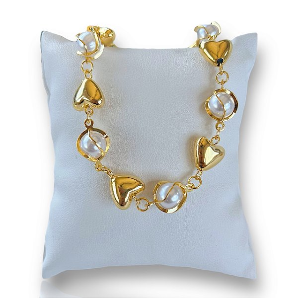 Pulseira Folheada Ouro 18k Corações Bolinhas Pérolas