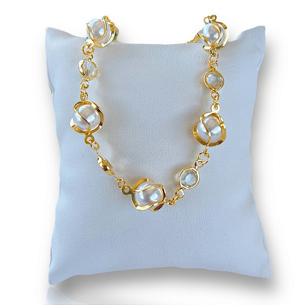 Pulseira Folheada Ouro 18k Pérolas Ponto de Luz