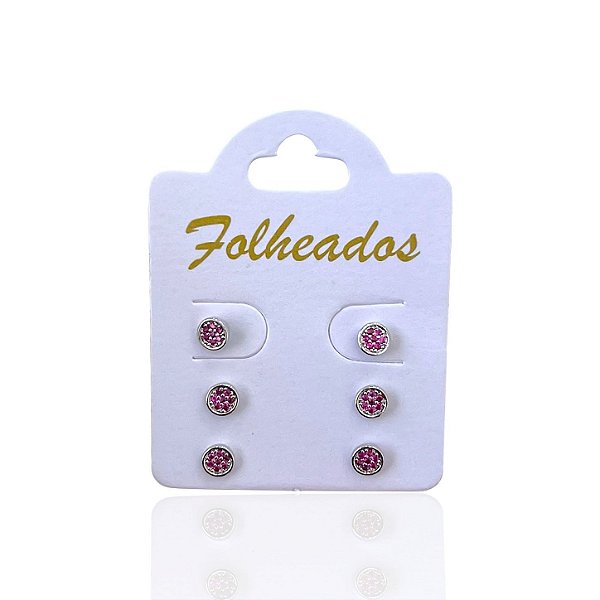 Trio Brincos Folheado Ouro 18k e Prata 925 Redondo Cravejado