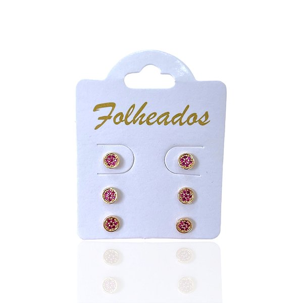Trio Brincos Folheado Ouro 18k Redondo Cravejado