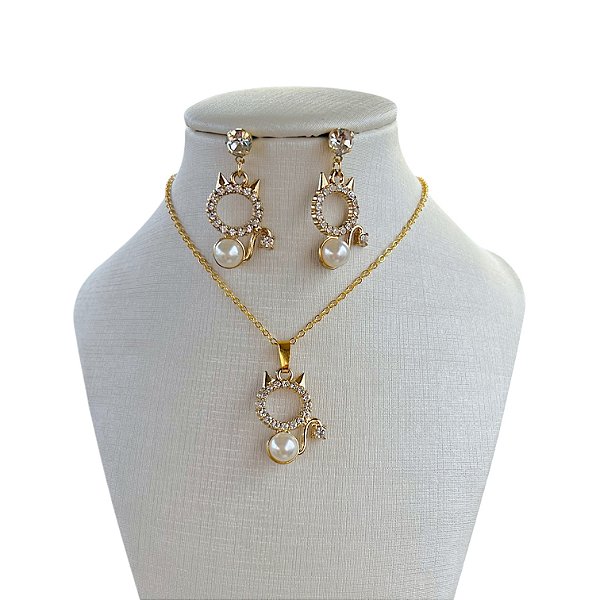 Conjunto Folheado Ouro 18k Gato Pérola