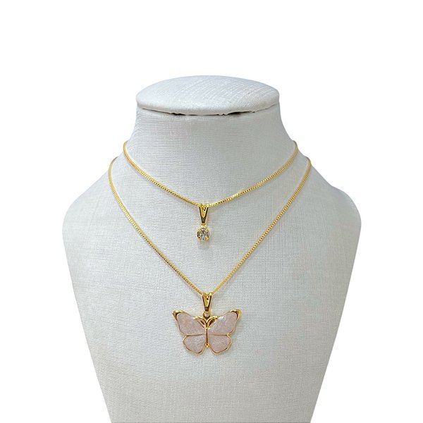 Colar Duplo Folheado Borboleta
