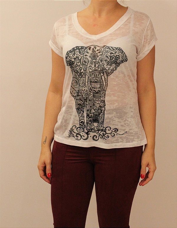 T-shirt manga curta com estampa elefante monocromático