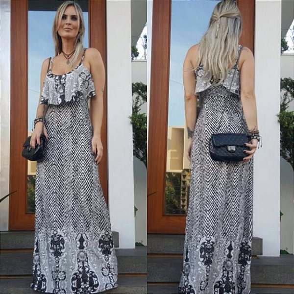 Vestido longo com babado e estampa black and white . Um show :)