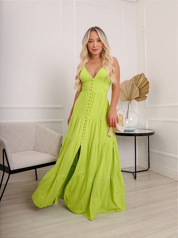 Vestido longo alcinhas com botões forrados - Lima