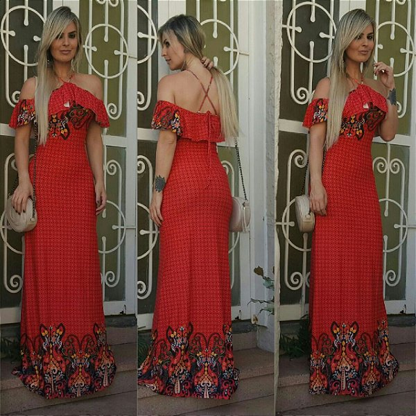 Vestido longo sereia vermelho com estampa maravilhosa  e  alcinha cruzada nas costas