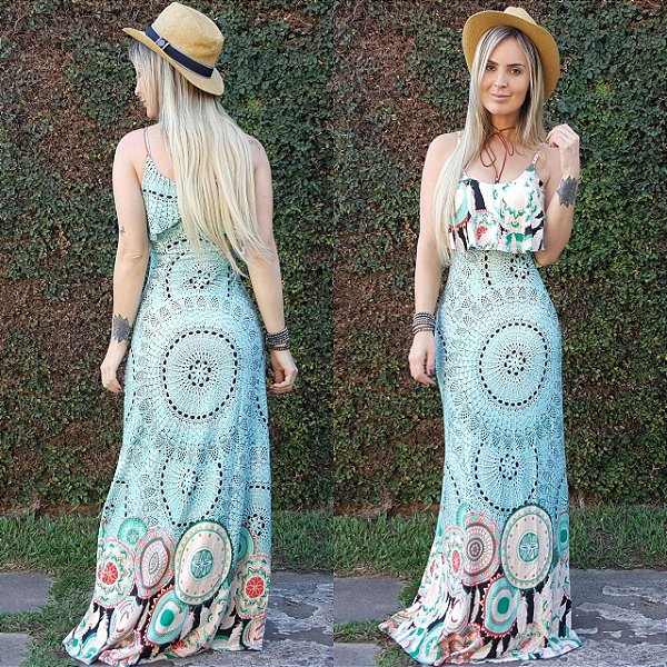 Vestido longo sereia com estampa mandala green