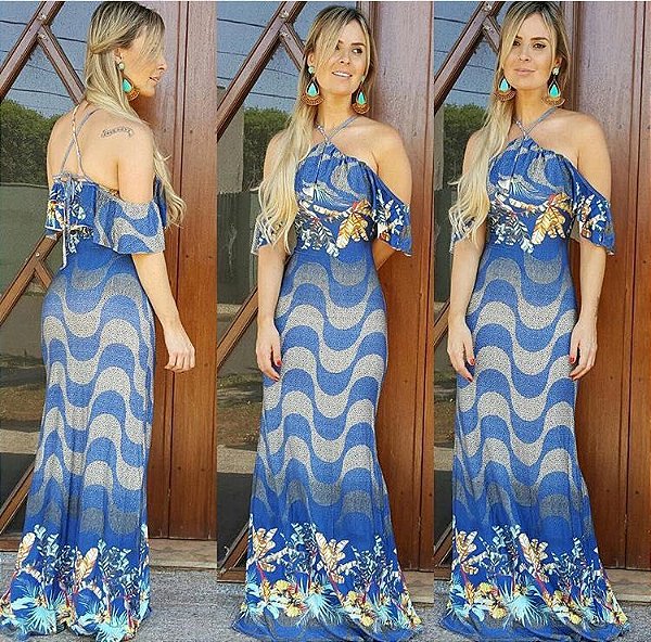 Vestido longo sereia estampa copacabana blue