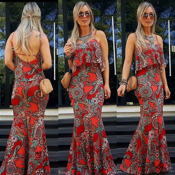 Vestido longo sereia estampa mega linda vermelha floral