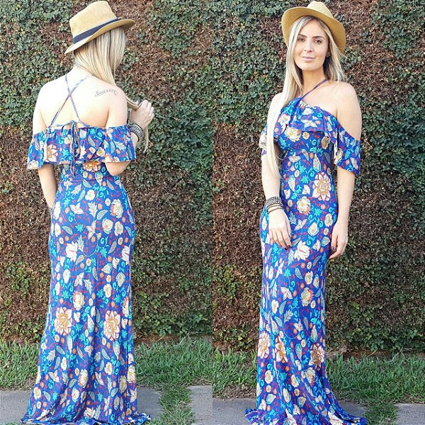 Vestido longo sereia estampa mega linda azul floral com tirinhas nas costas