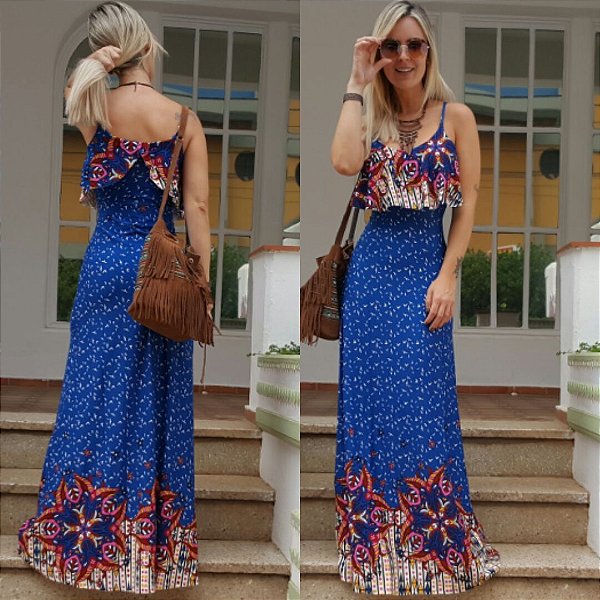 Vestido longo estampado blue flower