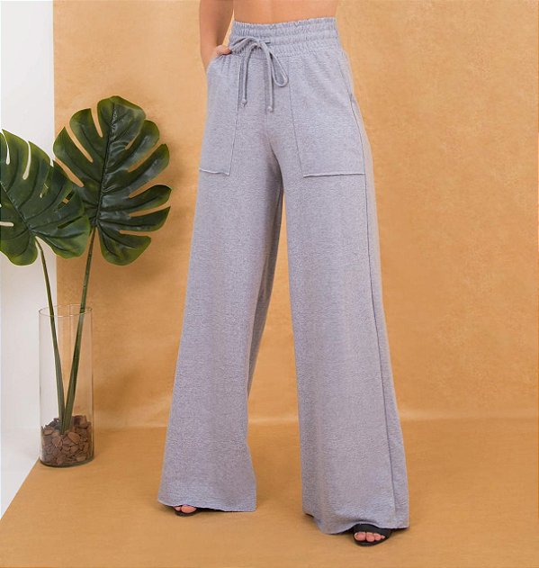 Calça wide leg em moletinho - Cinza