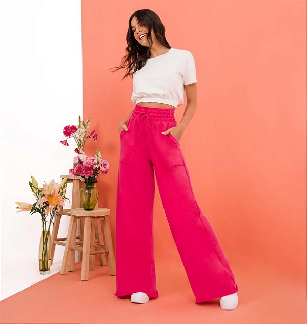 Calça wide leg em moletinho - Pink