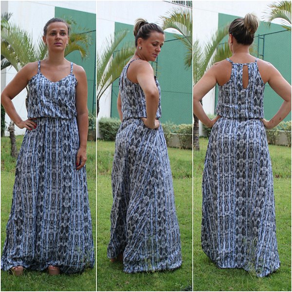 Vestido longo estampado - tons de azul bebê, lilás e preto