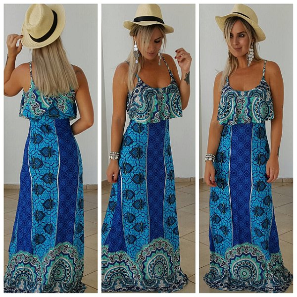 Vestido longo babado com estampa azul divina