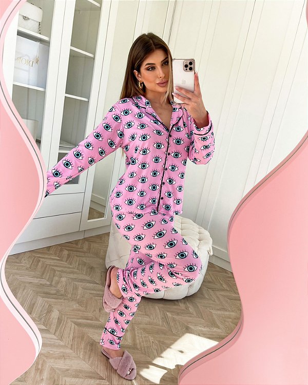 Pijama longo maravilhoso Ninna - Olho grego rosa