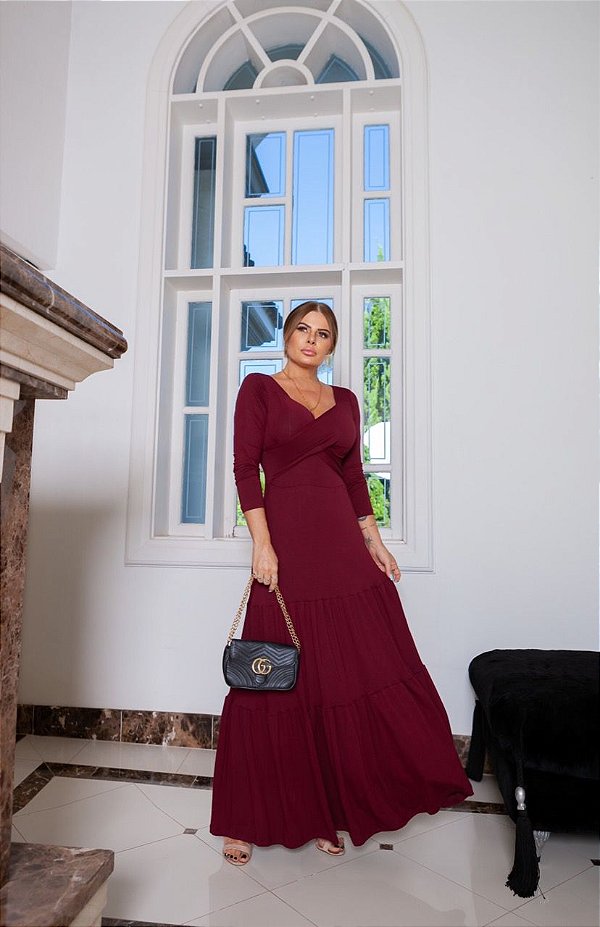 Vestido longo em viscolycra com decote transpassado - Marsala